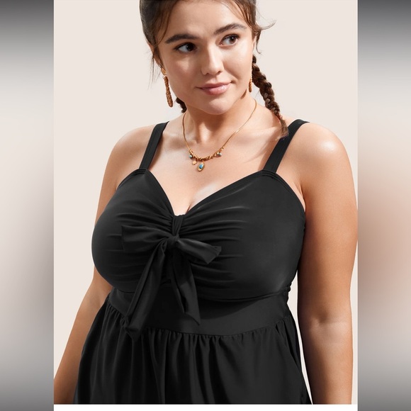 BloomChic Plus Size Plain Bowknot Pocket Gathered One Piece Swimsuit - Picture 3 of 5